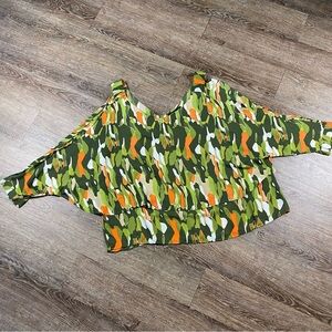 Ashley Stewart Shirt Women Size 22/24 Colorful Cold Shoulder Layered Camo Blouse